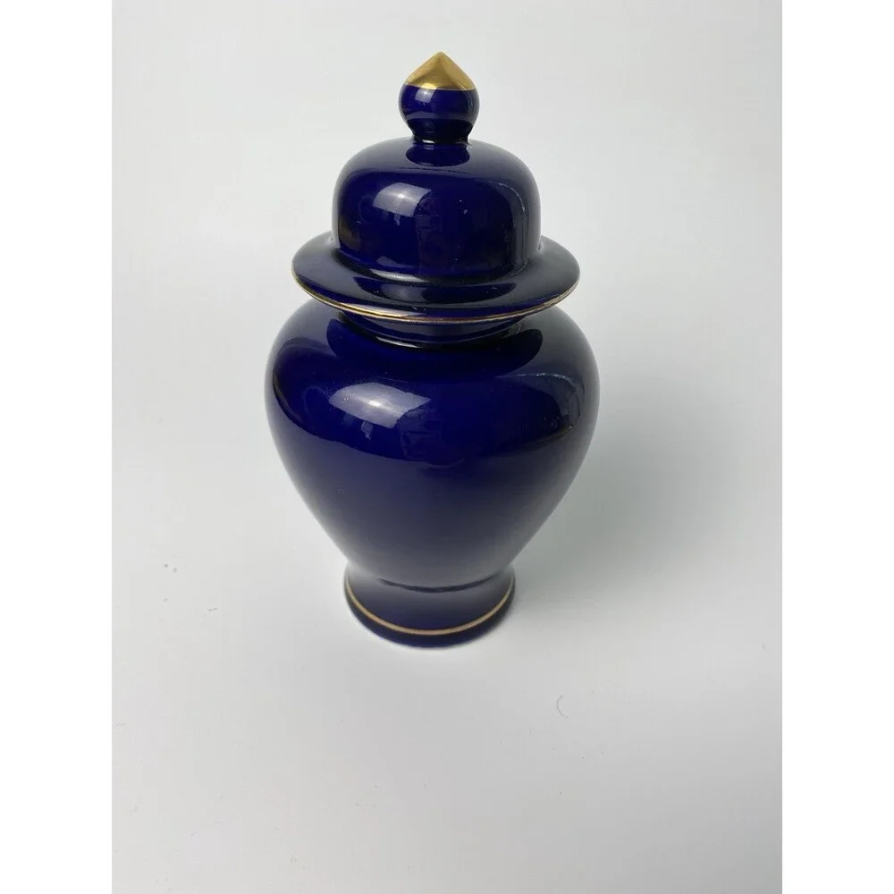 Vintage Blue and Gold Floral Peacock Japanese Ceramic Ginger Jar with Lid